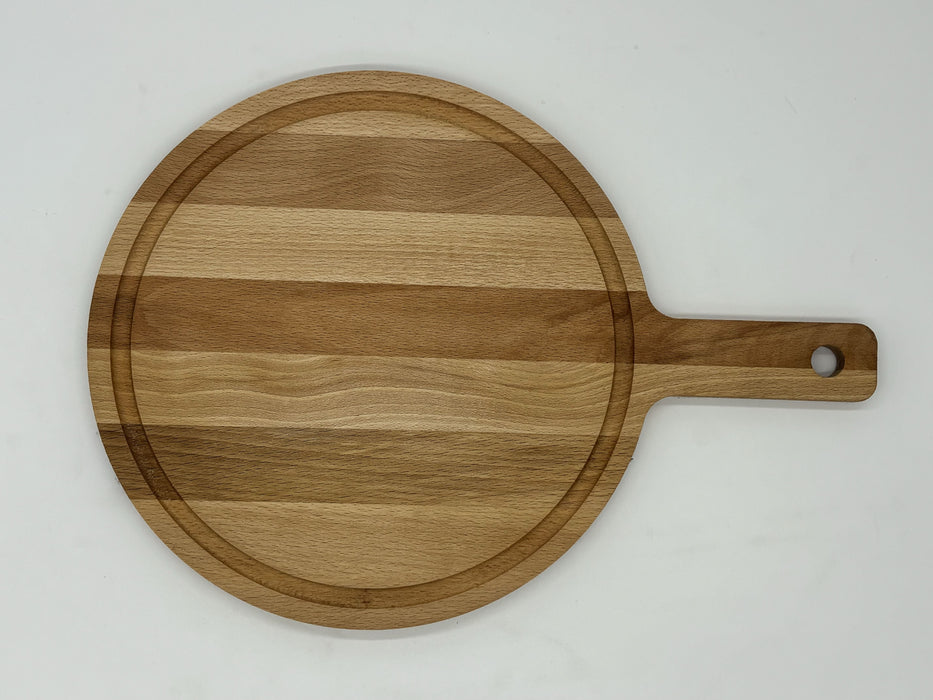 <tc>Cutting board</tc> round with handle and sap channel beech 25x1.8 cm
